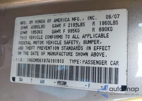 2007 Honda Accord 2.4 Vp из США, поврежденный, VIN 1HGCM56197A191910